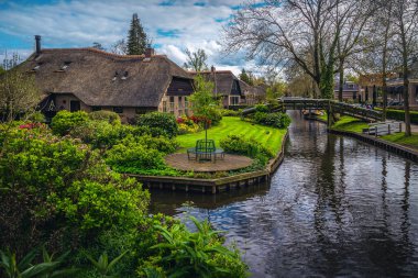 Orderly houses in row with flowery courtyard and green plants on the shore of the water canal, Giethoorn, Netherlands, Europe