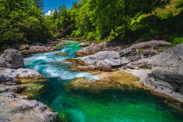 欧洲漂亮的木筏和皮划艇胜地 很好的娱乐场所和皮划艇目的地 绿林中雄伟的绿松石Soca河 斯洛文尼亚 Bovec 免版税图库图片