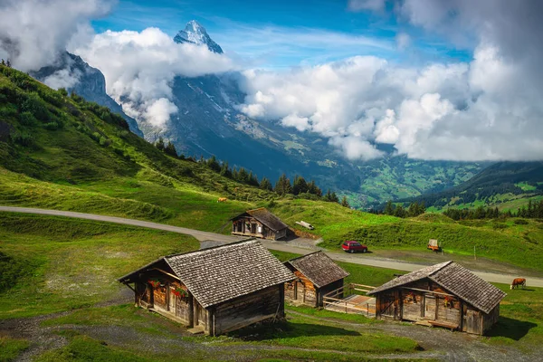 Picturesque hiking and travel location, rural wooden farmhouses on the alpine green meadows. Iconic Eiger peak in background, Grindelwald, Bernese Oberland, Switzerland, Europe