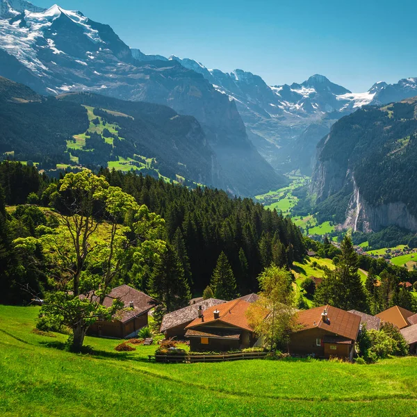 アルプスの緑の斜面にある素晴らしい景色を望むLauterbrunen Valley Wengen Bernese Oberland スイス ヨーロッパ — ストック写真