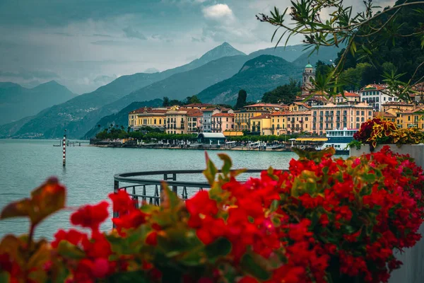 Beautiful mediterranean cityscape with colorful buildings and flowery walkway, Bellagio, Lombardy, Italy, Europe