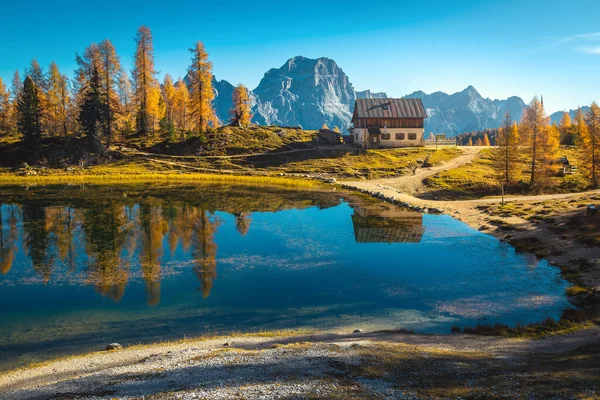 One of the most picturesque and famous small alpine lake in the Dolomites at autumn, lake Federa, Italy, Europe