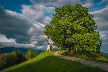 Kırsal ilkbahar manzarası ve dağ sırtındaki kilise. Arka planda bulutlu manzara ve şirin alp Aziz Primoz kilisesi, Jamnik köyü, Slovenya, Avrupa