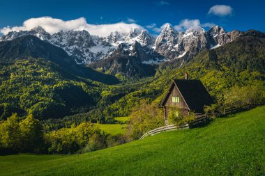 Yeşil tarlada şirin ahşap kulübesi ve arka planda yüksek karlı dağları olan harika bahar dağları manzarası, Srednji Vrh köyü, Kranjska Gora, Julian Alps, Slovenya, Avrupa