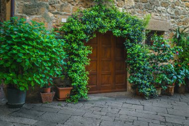Paved Caddesi ve dekore edilmiş girişi olan eski bir taş ev, Toskana, Avrupa
