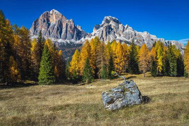 Renkli kızılağaç ormanları ve güzel sarı tarla ağaçlarıyla takdire şayan bir sonbahar alp manzarası. Renkli orman ve pitoresk dağ zirveleri, Dolomitler, İtalya, Avrupa