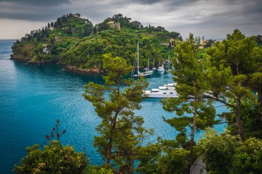 Liguria 'da inanılmaz bir tatil ve seyahat yeri. Portofino, Liguria, İtalya ve Avrupa 'nın ünlü körfezinde demirlemiş lüks tekne ve yatlarla güzel bir manzara.