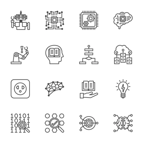 Tecnología Inteligencia Artificial Iconos Aprendizaje Automático Conjunto Iconos Línea Delgada — Archivo Imágenes Vectoriales