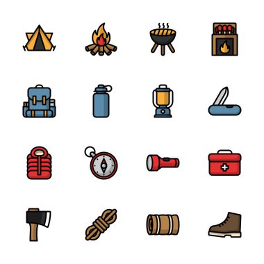 Camping icon, Hiking lineal color icon set.