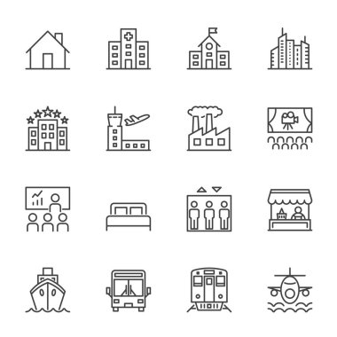 place and location icon sets, simple thine line icons