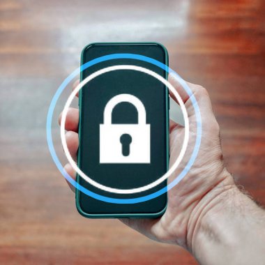 hand holding a phone with a padlock security symbol 