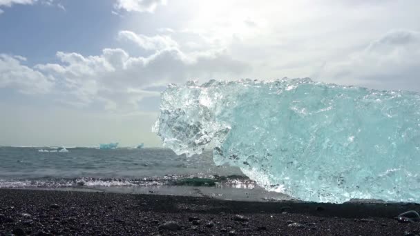 青い氷山が黒い砂の上で溶けているアイスランドのダイヤモンドビーチと太陽の光で輝く氷 — ストック動画
