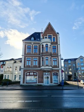 Flensburg, Germany - 18 February 2023: Old architecture in the streets of Flensburg on a sunny day
