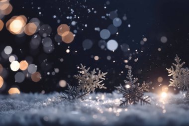 Yıldızların, kar tanelerinin ve yumuşak Bokeh ışıklarının olduğu güzel bir Noel arkaplanı.