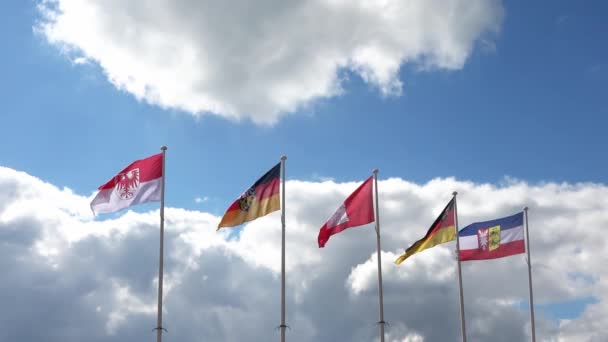 Flera Flaggor Tyska Federala Stater Vinkar Vinden Mot Solig Himmel — Stockvideo
