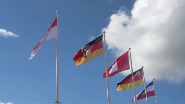 Birkaç Alman Federal Devletinin Bayrağı Güneşli Bir Gökyüzüne Karşı Rüzgarda — Stok video