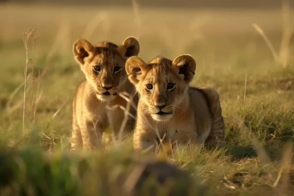 Two cute lion cubs playing in the flat grass of the savannah