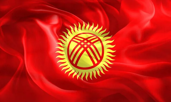 Kirgizisztán Zászló Reális Hullámzó Szövet Zászló — Stock Fotó