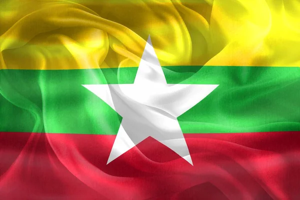 Mianmar Zászló Reális Hullámzó Szövet Zászló — Stock Fotó