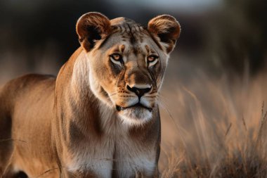 Afrika 'nın yüksek otlarında güzel bir dişi aslan portresi