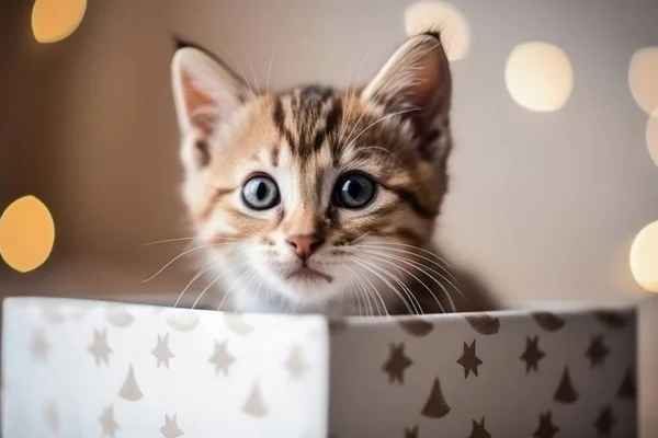 Cute Kitten Looking Out Present Box — Stock Photo, Image