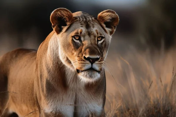 Ένα Όμορφο Πορτραίτο Λιονταριού Στο Ψηλό Χορτάρι Της Αφρικής — Φωτογραφία Αρχείου