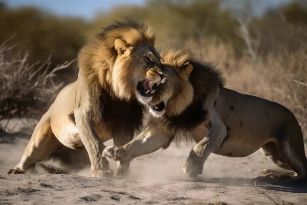 Zwei Starke Männliche Löwen Kampf — Stockfoto