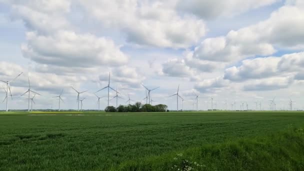 欧洲北部一个风电场中的替代能源风车全景 — 图库视频影像