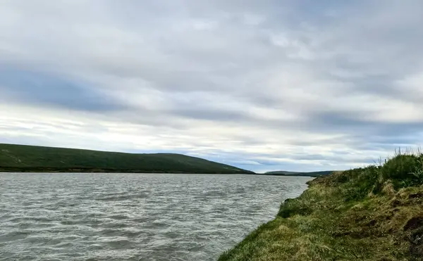 Islandzki Krajobraz Płynącymi Rzekami Otoczony Skałami Trawą — Zdjęcie stockowe