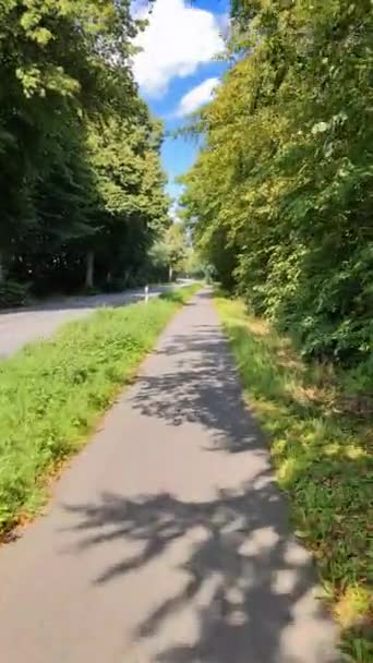 在一条绿色自然的小乡间路上 从一辆驱动的自行车上眺望风景 — 图库视频影像