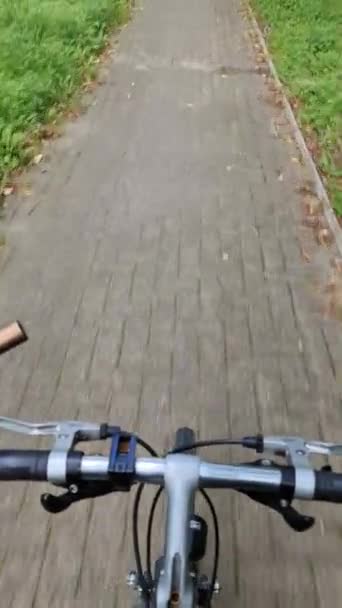 Άποψη Του Τιμονιού Ενός Ποδηλάτου Ενώ Οδηγείτε Μονοπάτι Ποδηλάτου — Αρχείο Βίντεο