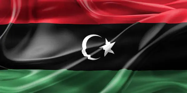 Libyjská Vlajka Realistický Vlající Textilní Prapor — Stock fotografie