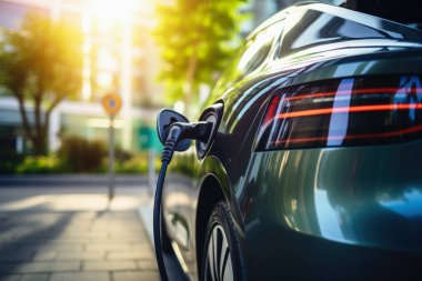 Yüksek teknolojili bir elektrik şarj istasyonunda çalışan elektrikli bir spor araba.