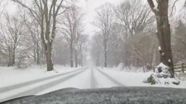 Hareket halindeki bir arabadan karla kaplı bir yola bak..