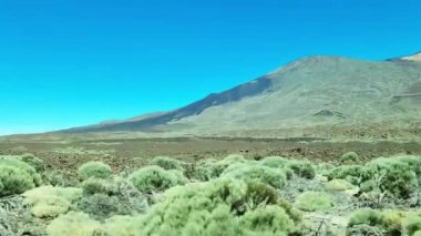Volkanik manzaranın hareket halindeki arabasının ve Tenerife 'deki Theide Dağı' nın yan görüntüsü..