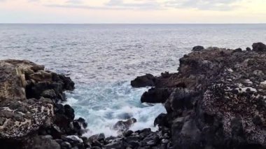 Tenerife 'de mavi okyanusun dalgalarıyla güzel kayalık bir sahil..
