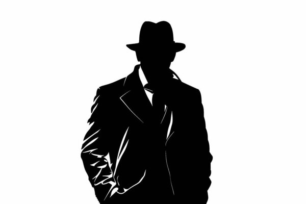 Black silhouette of a secret agent on a white background.