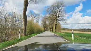 Hareket halindeki bir arabanın ön camından yan tarafında ağaçlar ve çalılar olan küçük ve dar bir köy yoluna bak..