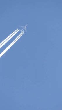 Jet uçakları gökyüzünde yükseklerde uçuyor açık mavi gökyüzünde kontrastlar bırakıyor