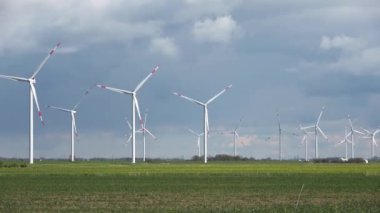 Güneşin altında sarı bir yağ tohumu tarlasının arkasında birçok rüzgar değirmeni olan bir rüzgar çiftliği..