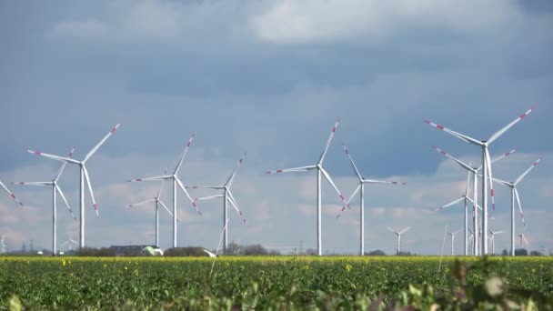 风力发电厂的风车在风中转动 空气中闪烁着热量 — 图库视频影像