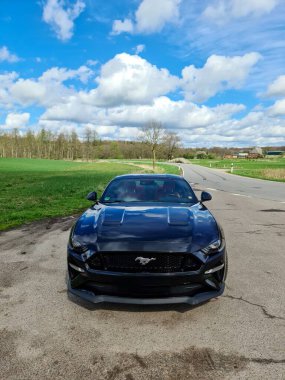 Kiel, Almanya - 04. Mayıs 2024: Güneşli bir havada bir kır yolunda park edilmiş siyah bir Ford Mustang modeli