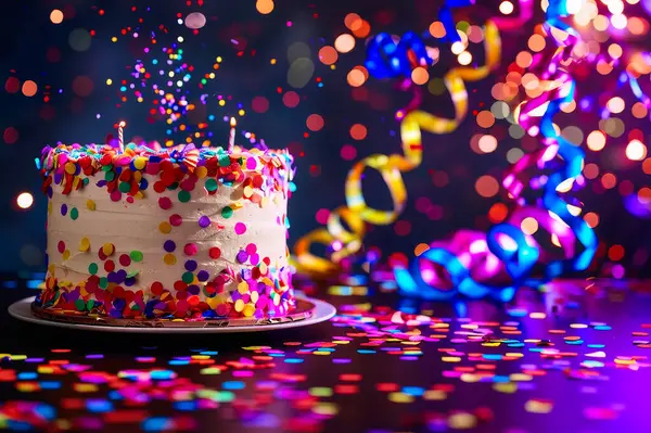 Konfeti, flama ve fotokopi alanı olan bir kutlama pastası.