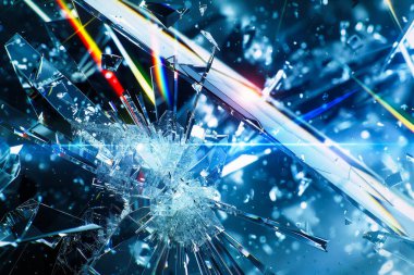 Prizmatik ışık kırılması olan kırık camlardan oluşan bir arka plan.