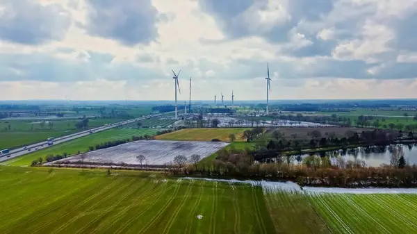 stock image Drone view of wind turbines on the German A7 motorway near Hamburg