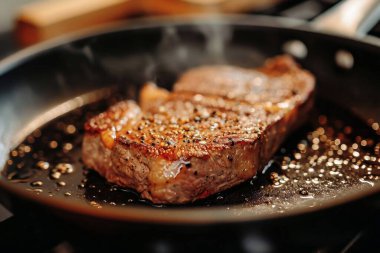 Bifteği kızartırken tavaya bakıyorum.