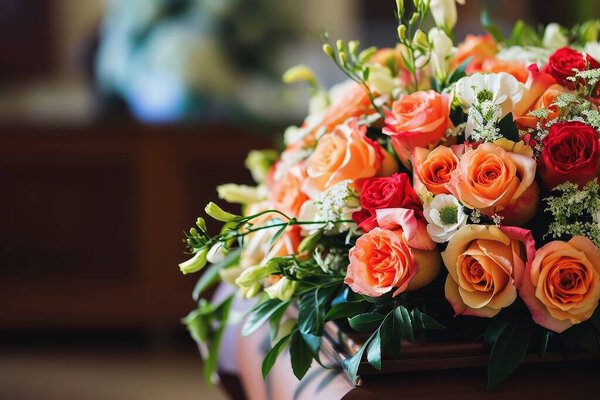 A flower arrangement on a coffin at a funeral