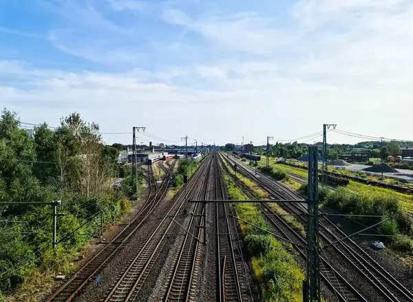 stock image View of the tracks of a freight station with some wagons and numerous sidings