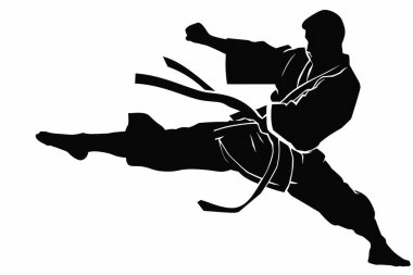 Kung Fu 'su olan bir dövüşçünün siyah silueti arka planda şeffaf tekme atıyor.