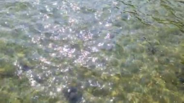 Güneş ışığının yansımaları küçük dalgalarla dolu bir gölün yüzeyinde parlar..
